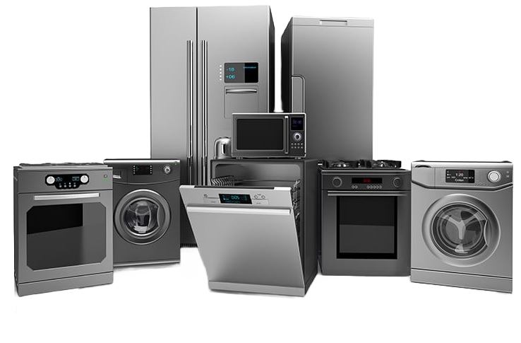 Major household appliances including a range, washer, dishwasher and refrigerator